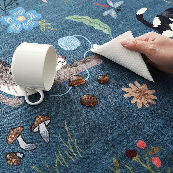 Rugcomf Bedroom Rug 3x5 Rug Washable Area Rug Non Slip Low Pile Boho Floral Animal Cat Small Carpet for Bedside Kitchen Entryway Kids Room Office College Dorm Essentials for Girls, Pearl Gentian Blue
