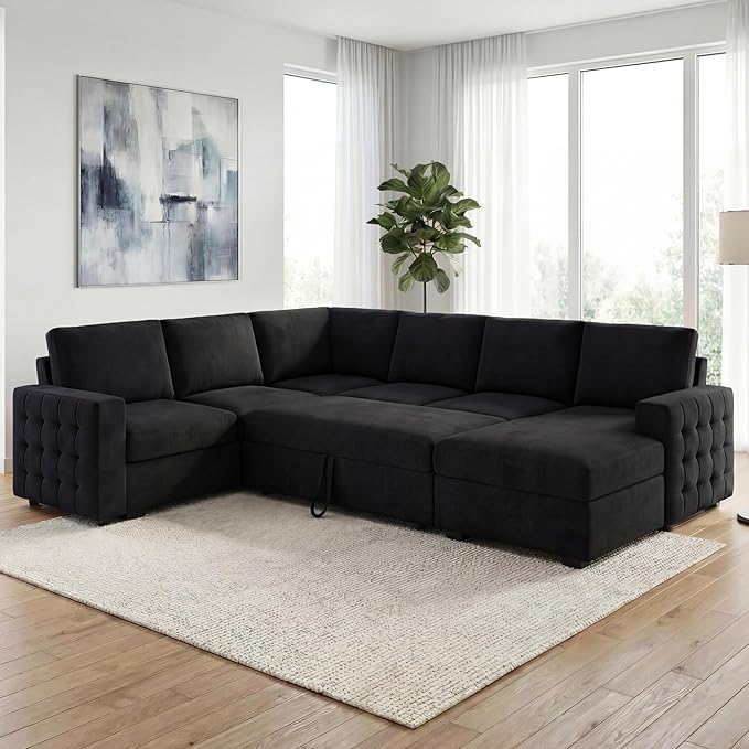 HONBAY Sectional Sleeper Sofa with Pull-Out Bed Storage Chaise,Modular Couch for Living Room, Black