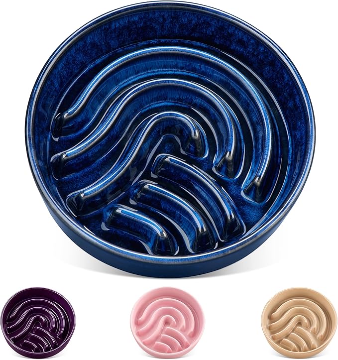 vancasso Slow Feeder Dog Bowl, 1.5 Cup Ceramic Slow Feeding Food Dish for Small and Medium Breed, Puzzle Dog Food Bowl for Fast Eater, Blue