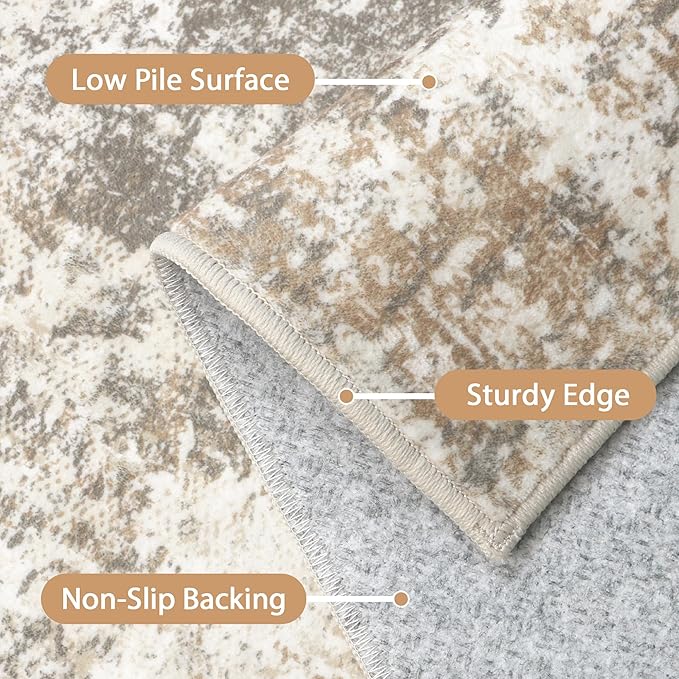 Area Rugs 8x10 for Living Room Bedroom, Modern Abstract Machine Washable Rug, Large Soft Low Pile Floor Carpet with Non Slip Backing for Dining Room, Warm Beige/Brown