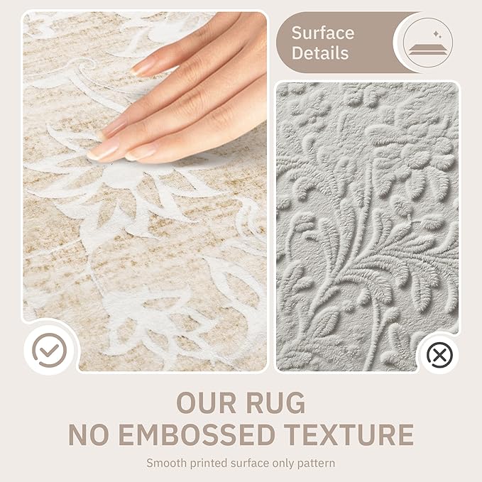 9x12 Washable Area Rugs for Living Room, Vintage Floral Non-Slip Low Pile Natural Rug Soft Throw Large Carpet for Dining Room Bedroom Farmhouse Home Office (Beige, 9'x12')