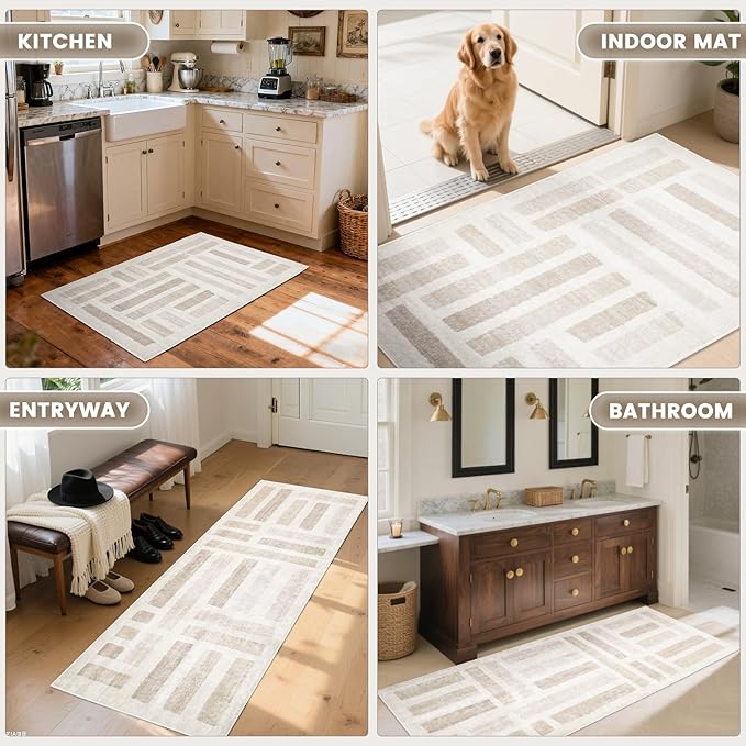 Washable Area Rugs, 2x3ft Soft Rug for Living Room and Bedroom Vintage Striped Rug Stain Resistant with Non Slip Backing Geometric Checkered Foldable Print Mat for Home Decor