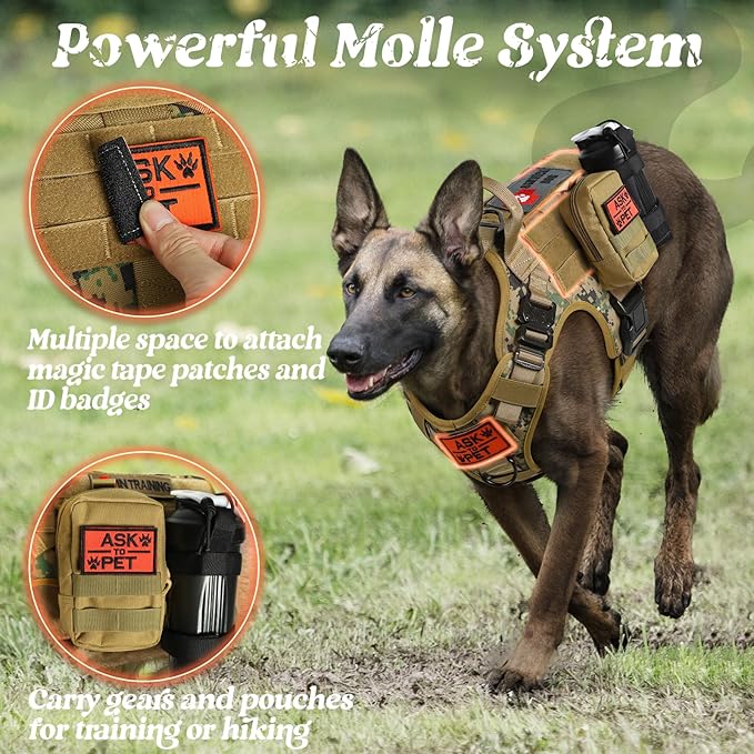 rabbitgoo Tactical Dog Harness Medium Sized, Heavy Duty Pet Harness with Handle, No-Pull Service Vest Medium Breed, Adjustable Military Dog Vest for Training Hunting Walking, Brown Camo, M