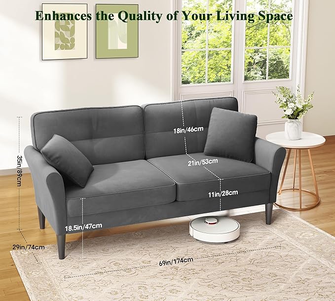 69" Loveseat Sofa, Velvet Small Couches for Small Spaces, Love Seat Couches with 2 Pillows, Tool-Free Setup Loveseats, 700lb Load Sofas for Living Room, Mini Couch for Bedroom, Comfy Sofa Couch, Grey