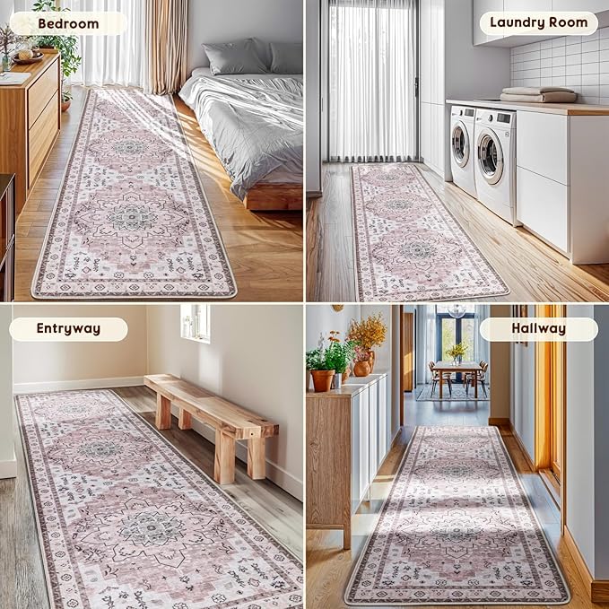 LBRO2M Boho Hallway Rug 2'X10’ Washable Runner Rugs Non Slip Low Piles Rugs Vintage, Soft, Pink Area Rug Runners for Hallways, Bedroom, Kitchen Laundry Room Pattern Print (2'X10', Light Pink)