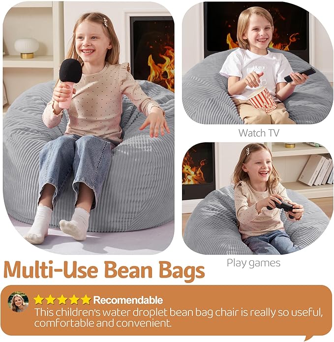 Homguava 2.5FT Bean Bag Chair,Teardrop Bean Bags Small Beanbag Chair with Memory Foam Filled and Ultra Soft Corduroy Cover for Living Room, Bedroom(Light Grey)