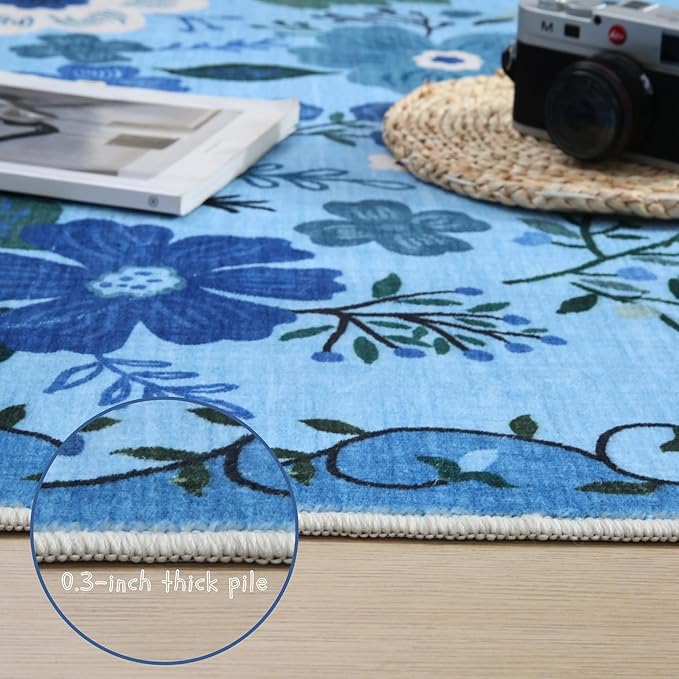 Rugcomf Runner Rug for Hallways Kitchen Rug Non Slip 2'x 6' Washable Runner Rugs with Rubber Backing Soft Floral Carpet Runner for Hallways, Kitchen, Laundry, Bedroom, Bathroom(Blue)