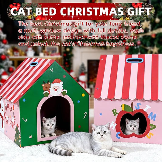 WUGO Christmas Cat Scratcher House - Cardboard Cat House with 2pcs Scratching Pad 16.5"x16"x17" Christmas Valentine's Day Decorations Scratcher for Kitty Play House for Indoor Cats’ Birthday Cats Red