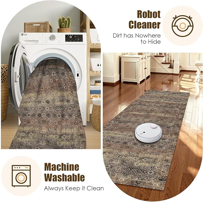 Washable Area Rug 2'6'' x 8' Vintage Traditional Persian Mat - Foldable Distressed Non-Slip Machine Washable Carpet for Living Room Bedroom Kitchen Home Decor - Umber and Slate