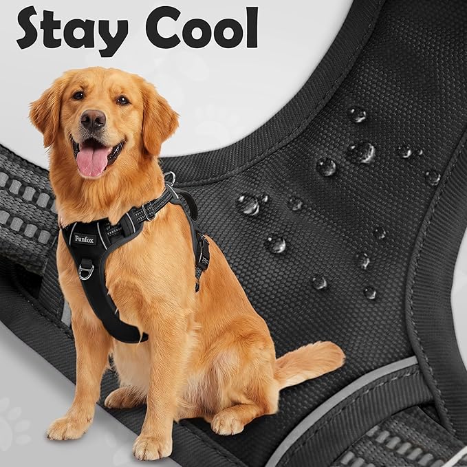 Funfox Dog Harness No Pull, Adjustable Pet Vest Harness, Super Soft Material with Vertical Handle Easy Control, Reflective Night Walking, 2 Leash Clips for Medium Sized Dogs, Black, M