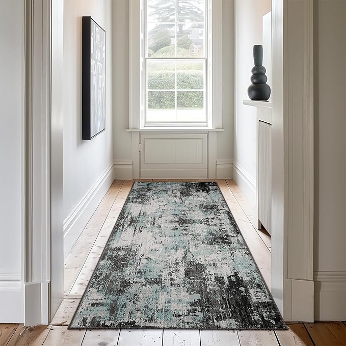 Washable Area Rugs 2'x8' Non-Slip Modern Abstract Soft for Living Room Entryway Bedroom Nursery, Print Pattern, Blue Black Teal