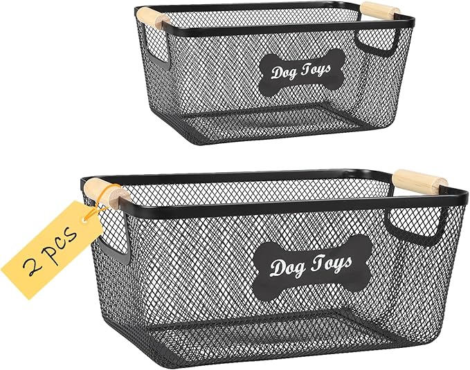 2 Pack Dog Toys Basket,Metal Basket with Wooden Handles for Dog Toys,Mesh Wire Dog Toy Bin Set,Dog Stuff Organization & Storage,Ideal for Dog Collar,Blanket,Toys,Ropes,Snacks-Black