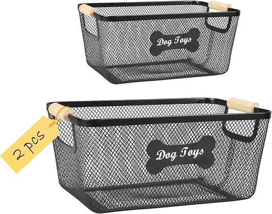 2 Pack Dog Toys Basket,Metal Basket with Wooden Handles for Dog Toys,Mesh Wire Dog Toy Bin Set,Dog Stuff Organization & Storage,Ideal for Dog Collar,Blanket,Toys,Ropes,Snacks-Black