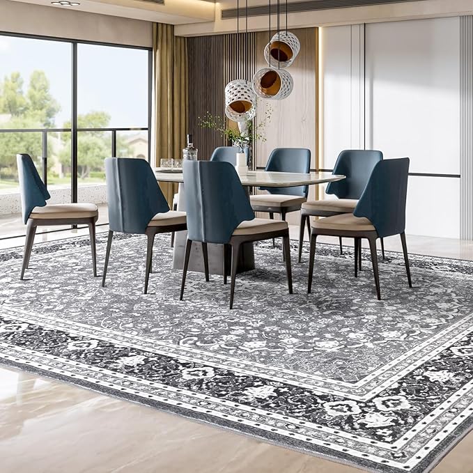 Lessymo 5x7 Area Rugs for Living Room - Machine Washable Area Rug, Super Soft Faux-Wool Area Rugs for Bedroom Kitchen, Boho Rug Vintage Floral Non-Slip Low Pile, Grey White