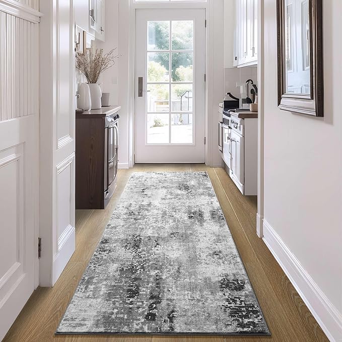 Runner Rug for Hallways Kitchen Runner Rug Non Slip 2'6''x8' Washable Grey Long Runner Rugs with Rubber Backing Soft Abstract Carpet Runner for Entryway, Kitchen, Bedroom, Bathroom