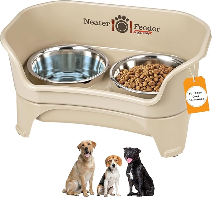 Neater Feeder Express Mess Proof Dog Bowls Elevated for Medium to Large Sized Breed, No Spill Raised Dog Food Bowl Stand, Stainless Steel Food and Water Bowl Set, Pet Dish Feeding Station, Almond