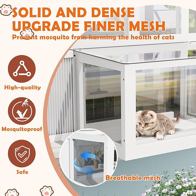 MAGIC UNION Window Catio for Indoor Cats, Cat Catio Outdoor Enclosure Window Box Perch w/Side Mosquito-Proof Wire Fits Double Hung Frames 25.4" to 43.3" Wide, Sunbathing Napping Overlooking (White)