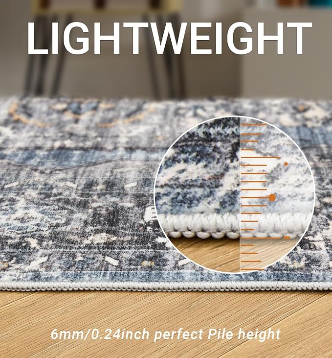 9x12 Area Rugs for Living Room,Ultra-Thin Washable Rug, Non-Slip Lightweight Foldable Area Rug, Stain Resistant Vintage Large Rugs(Blue/Black,9'x12')