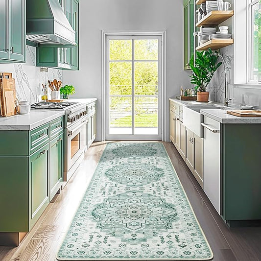 LBRO2M Boho Hallway Rug 2'X10’ Washable Runner Rugs Non Slip Low Piles Rugs Vintage, Soft, Green Area Rug Runners for Hallways, Bedroom, Kitchen Laundry Room Pattern Print (2'X10', Green)