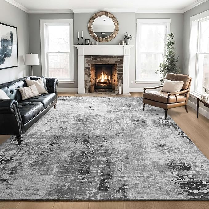 Living Room Rug 8x10 Gray Area Rugs Machine Washable Abstract Boho Large Rug Non-Slip Non-Shedding Faux Wool Indoor Vintage Carpet for Bedroom, Classroom, Dining Room, Kids Playroom