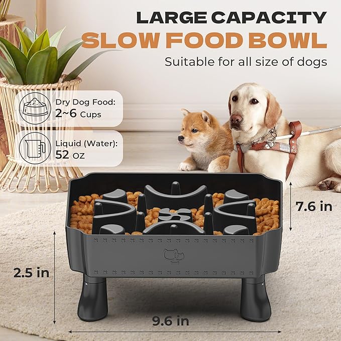 UPSKY Slow Feeder Dog Bowl, 2-in-1 Raised Dog Bowl with Anti-Choking Maze Puzzle, 2-6 Cups Pet Food for Small & Medium Breeds, Interactive Pet Feeder to Slow Eating, Reduce Boredom Grey