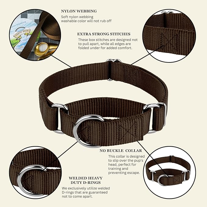 Country Brook Petz - Martingale Dog Collar - Heavy-Duty Training Collar with No Buckle - Service Dog Collar for All Pups - 10+ Warm Colors (Brown, 1 Inch, Medium)
