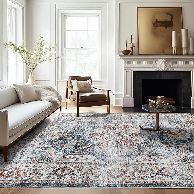 5x7 Area Rugs for Living Room,Stain Resistant Washable Rug,Non-Slip Backing Rugs for Bedroom,Kitchen,Printed Vintage Home Decor Rug (Navy, 5'x7')