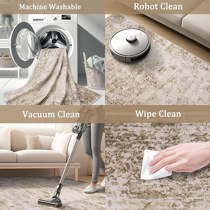 5x7 Area Rug Living Room Rugs - Washable Rug Large Modern Abstract Soft Thin Carpets Indoor Floor No Slip Vintage Carpet for Bedroom Under Dining Table Nursery Home Office Decor Beige