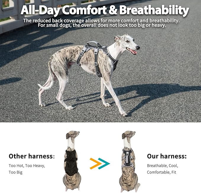 Huntboo Escape Proof Dog Harness, Escape Artist Harness, Fully Reflective Harness with Padded Handle, Breathable,Durable, Adjustable Vest for Medium Dogs Walking, Training, and Running Gear (Black,XS)