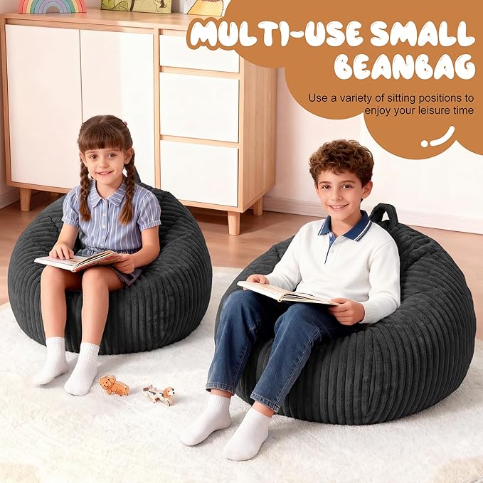 Homguava 2Pcs of 2FT Bean Bag Chair, 2' Small Bean Bags with Memory Foam Filled, Beanbag Chairs with Machine Washable Cover Dutch Corded Plush Cover for Classroom,Living Room,Bedroom-Black