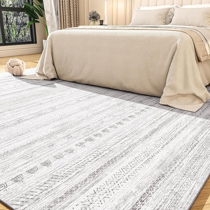 8x10 Area Rugs for Living Room Machine Washable Rug Distressed Indoor Carpet Neutral Moroccan Boho Rug Ultra Soft Area Rug for Bedroom Dining Room Playroom Office, Grey
