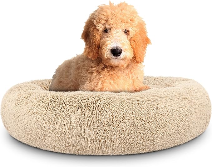 The Dog’s Bed Calming Plush Donut Dog Bed, Replaceable Zip Cover, Beige, Large