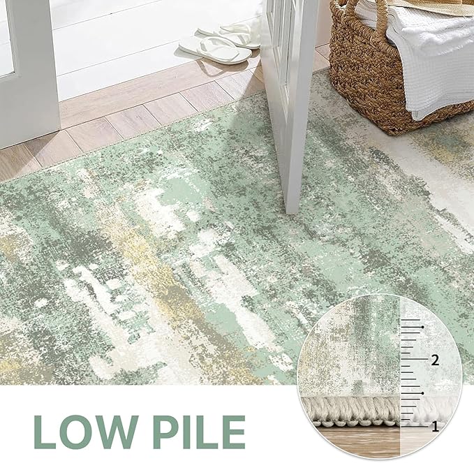 Runner Rug for Hallway Kitchen, 2x12 Machine Washable Runners Rug for Entryway, Soft Modern Abstract Throw Rugs, Low Pile Floor Cover with Non Slip Backing, Light Green