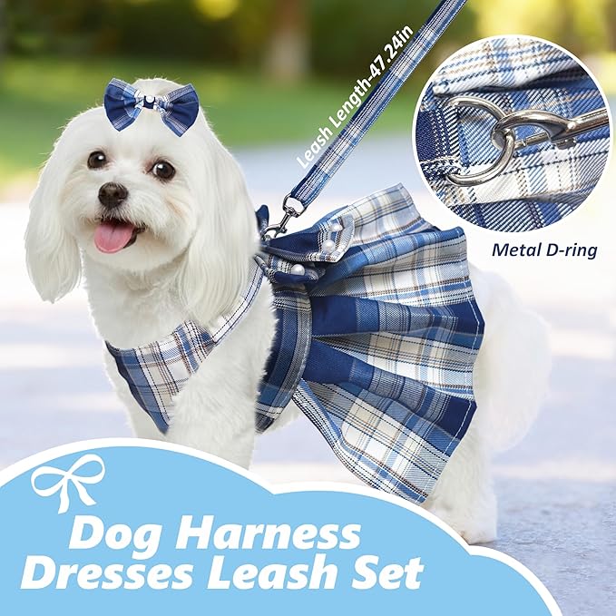 Dog Dress Bowknot Harness Leash Set for Small Dogs Girl Cute Plaid Dog Dress Pearls Bow Tie Spring Summer Princess Clothes Birthday Holiday Doggie Outfits for Puppy Cats Girl (Lake Blue, Small)