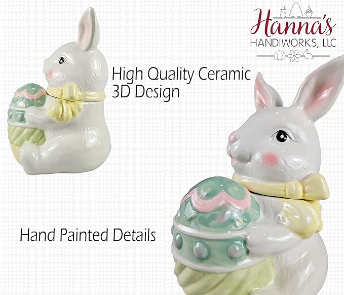 Hanna's Handiworks Easter Egg Bunny Cookie Jar – Ceramic Bowl Canister with Lid for Holiday Sweets, Desserts or Jelly Beans – Kitchen Countertop Decor for Parties at Home, Office, & School