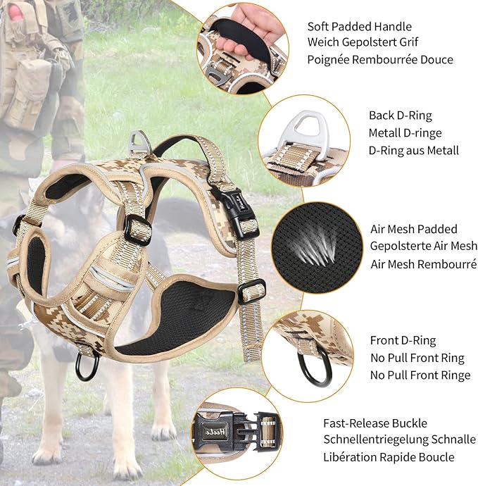 HEELE Dog Harness, No Pull Adjustable Padded Reflective Harness for Small Medium Large Dogs with Handle for Walking Training, Camo Tan, S