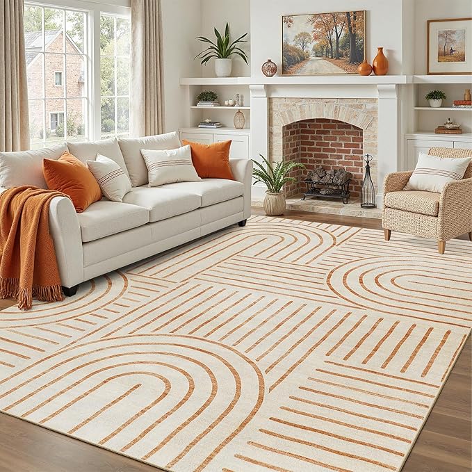 DCX Beige Machine Washable 8x10 Area Rugs, Midcentury Modern Non Slip Stain Resistant Rug 8x10 for Living Room, Playroom, Dining Room, Soft Low Pile Large Carpet