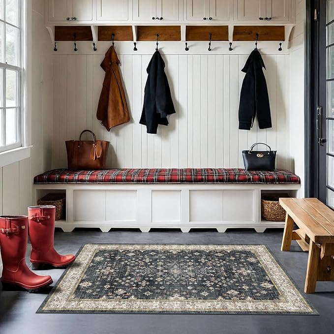Large 3x5 Entryway Rug Indoor - Washable Non-Slip Low Pile Ultra Soft Area Rug for Large Kitchen, Bedroom Bedside, Mudroom - Distressed Boho Modern Aesthetic Geometric Decor, Ashen/Multi