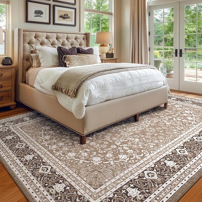 Lessymo 6 x 9 Area Rugs for Living Room, Machine Washable Area Rugs Boho Faux Wool Low Pile Area Rug for Bedroom, Floral Medallion Vintage Rugs with Non-Slip Rubber, Kid & Pet Friendly,Brown White