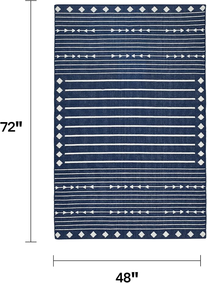 Fab Habitat Machine Washable Area Rug - Hand Woven, Stain Resistant, Pet Friendly, Reversible - Premium Recycled Polyester Yarn - Aztec, Kilim - Bedroom,Living Room - Flagstaff - Navy/White - 4 x 6 ft