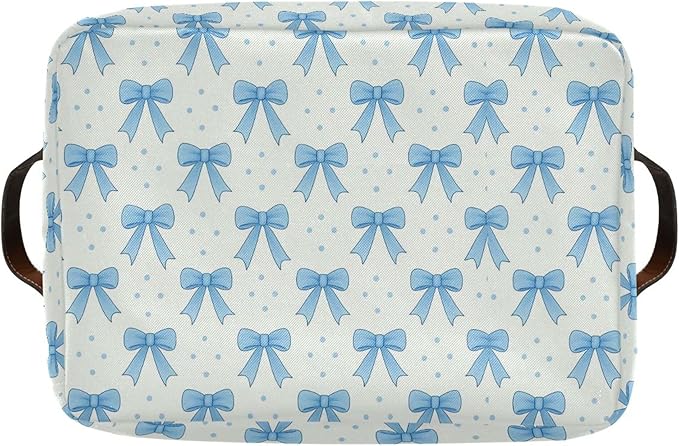 Wamika Blue Bow Storage Basket with Waterproof Liner and PU Handles Coquette Bowknot Storage Bins Boxes 14.2" Collapsible Decorative Organizer Baskets for Bedroom Closet Office 1 Pack