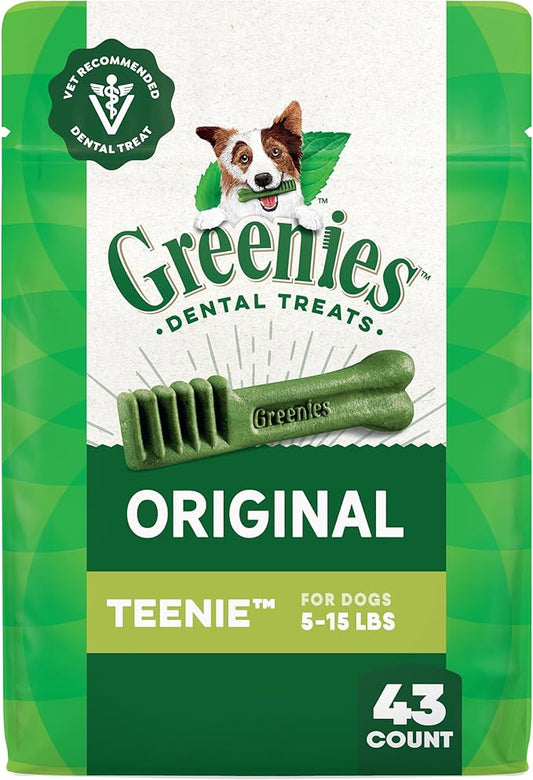 Greenies Veterinarian-Recommended Adult Natural Dental Dog Treats Teenie Size, Dog Dental Chews, Original Flavor, 12 oz. Pack, 43 Count