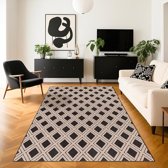 LBRO2M Checkered Rug 5X7 Washable Rugs for Living Room Bedroom Non Slip Rugs Easy Clean, Soft Low Piles Stain Resistant Carpet Geometric Area Rug Great for Pets and Family (5'X7' Black)