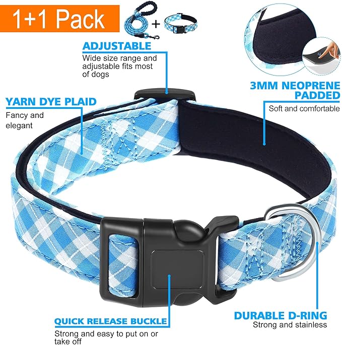 Reflective Dog Collar Padded with Soft Neoprene Breathable Adjustable Nylon Dog Collars for Small Medium Large Dogs (X-Small (Pack of 1), Vivid Blue Plaid Collar+Leash)