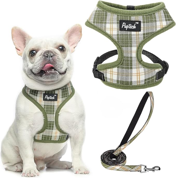 PUPTECK Soft Mesh Dog Harness and Leash Set Pet Puppy Cat Comfort Padded Vest No Pull Harnesses, Olive Green, S
