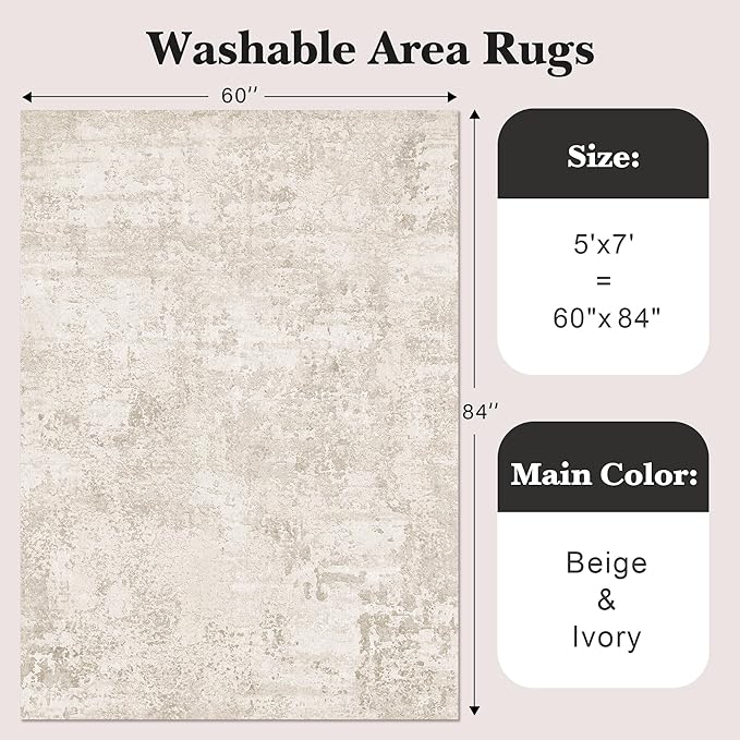 Art&Tuft Washable Rug, Anti-Slip Backing Abstract 5x7 Rug, Stain Resistant Rugs for Living Room, Foldable Machine Washable Area Rug (TPR53-Beige, 5'x7')