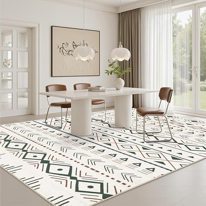 8x10 Area Rugs Living Room Rug: Washable Rug Neutral Lagre Soft Thin Carpet Indoor Floor Non Slip Boho Geometric Moroccan Carpets for Bedroom Dining Room Farmhouse Nursery Office - Brown Green