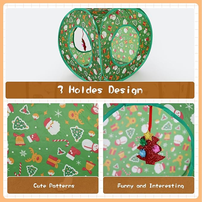 Andiker Cat Tent, 3 Holes Safe and Strong Cute Cats Tunnel Collapsible Easy to Carry Cat House for Indoor Cats Kittens Hiding Playing Training Sleeping (Square Green)
