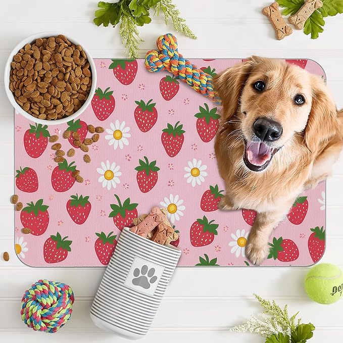 Cute Strawberry Flower Dog Cat Food Mat,Pink Absorbent Pet Feeding Mat with Rubber Backing,Non-Slip Water Bowl Placemat,Indoor Pet Accessories Supplies 12"x20"