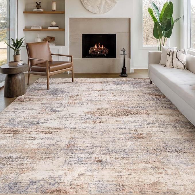 Area Rug Living Room Washable Rugs: 8x10 Modern Neutral Abstract Low Pile Non Slip Floor Carpet - Large Soft Thin Stain Resistant Rug for Bedroom Dining Indoor Office Home, Brown Grey